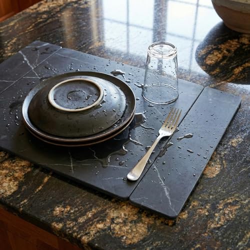 Selegna Stone Drying Mat for Kitchen Counter, Diatomite Stone Dish Drying Mat & Kitchen Sink Mat, Quick-Dry Diatomaceous Earth Counter Mat, Collapsible Tri-Panel Design - color: Charcoal