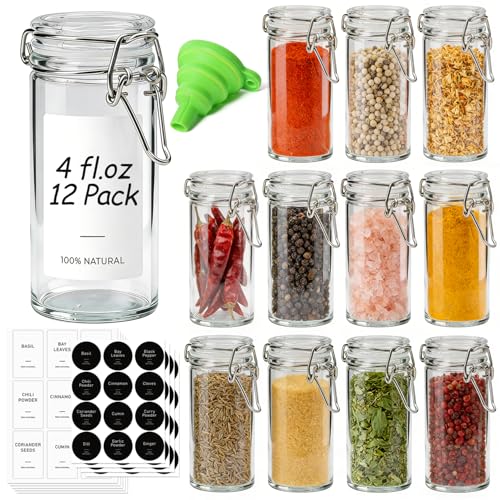 ComSaf 12 Pack 4 oz Glass Spice Jars with Airtight Swing Top Lids, Small Clear Containers for Pantry Organization, Herb Storage, DIY Crafts & Gifts - Complete Set Includes Funnel & Spice Labels - size: 4oz*12