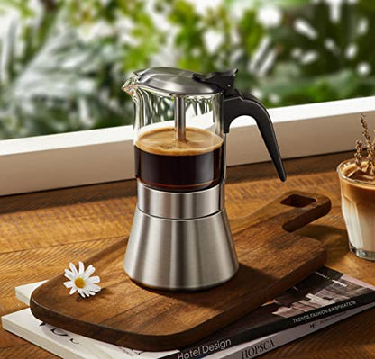 SIXAQUAE Moka Induction Stovetop Espresso Maker With Pressure valve,Crystal Glass-top & Stainless Steel Esprosso Moka Pot,240ml Classic Italian Coffee Maker - size: 240 ml - Pressure Valve