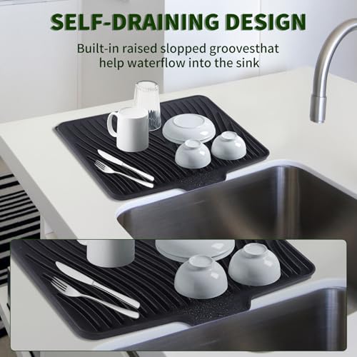 Silicone Dish Drying Mat 16x13,Food-Grade Silicone,Easy Clean Pad for Countertop Protection,Heat Resistant,Easy Clean,Non-Slip Drain Pad with Built-in Drain,Multi-Functional Use,Black - color: Black, size: 16" x 13"