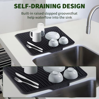 Silicone Dish Drying Mat 16x13,Food-Grade Silicone,Easy Clean Pad for Countertop Protection,Heat Resistant,Easy Clean,Non-Slip Drain Pad with Built-in Drain,Multi-Functional Use,Black - color: Black, size: 16" x 13"