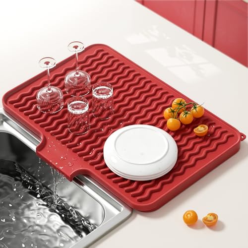 Rnivvi Silicone Dish Drying Mat for Kitchen Counter, 16 x 12" Drainer Pad with Drainage Spout, Non-Slip Countertop Protector Heat Resistant Trivet, Kitchen Decor Mat Sink Drip Pad for Dishes, Red - color: Red