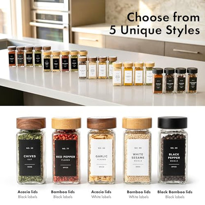 EDELHAUS® Square Spice Jars with Bamboo Wooden Lid (Pack of 24) Spice Jars with Shaker Insert and 240 Labels - Bamboo Lid Glass Container for Spice Organisation [4.3 in × 1.8 in] - color: Black Bamboo Lid