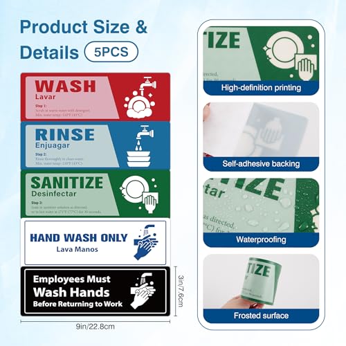 5PCS Wash Rinse Sanitize Sink Labels Stickers, Waterproof Employees Must Wash Hands Sign, Supplies for 3 Compartment Sink,Wash Station, Kitchens, Restaurant, Food Trucks,Office - color: Wash Rinse Sanitize Sink Lables 372