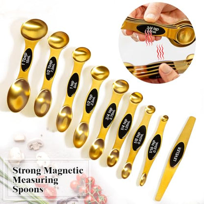 13pcs Gold Stainless Steel Measuring Cups and Spoons Set, 8 Double-Sided Magnetic Measuring Spoons Set & 4 Metal Measuring Cups & 1 Leveler for Kitchen Dry & Liquid Cooking Baking - color: Gold