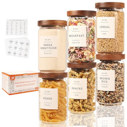 6 Pack Glass Canisters with Airtight Acacia Lids and 132 Kitchen Pantey Labels Preprint - 24 Fl Oz Borosilicate Glass Pantry Storage Jars Containers with Wooden Lids for Tea,Sugar,Cookie,Coffee,Candy - size: 24oz-6 Pack