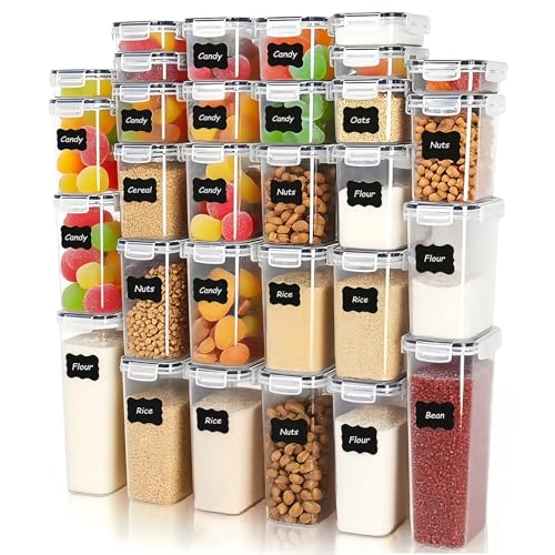 30 PCS Airtight Food Storage Containers with Lids, BPA Free Clear Plastic Kitchen and Pantry Organization and Storage Set for Flour, Sugar, Cereal, Pasta, Includes 30 Labels and Marker - size: 30pcs