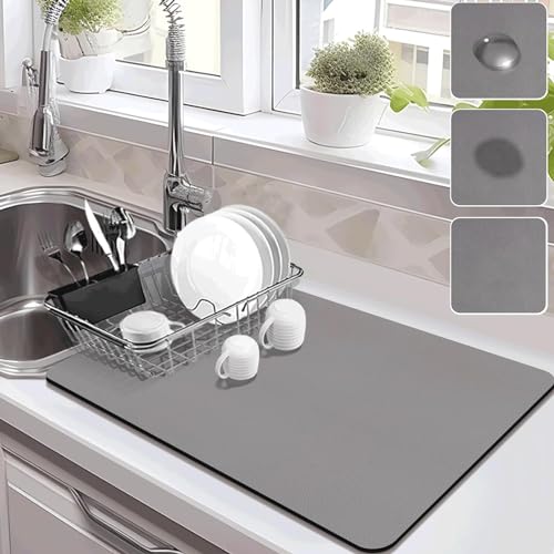 Drying Mat for Kitchen Countertops, Coffee Mat Hide Stain Rubber Backed Absorbent Dish Drying Mat - color: Gray, size: 16" x 24"