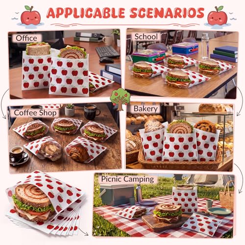 Epakh 200 Pack Paper Sandwich Bags with Apple Design 8 × 8 Inch Happy Food Storage Recyclable Grease Resistant Disposable Snack Bags for Family Home Use - style: Apple