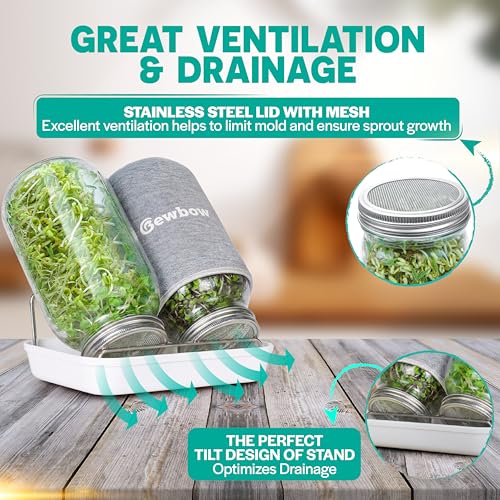 [LARGE SIZE] 2000ml(68oz) Seed Sprouting Mason Jar Kit with Stand,Drain Tray, Screen Lids,Blackout Sleeves,Good Ventilation & Drainage Capacity,Growing Fresh Organic Mung Beans,Broccoli & Microgreens