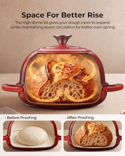 Enameled Cast Iron Bread Oven 5 Qt with Starter Kit, Round Dutch Oven with Lid for Sourdough Baking, Baking Kit Includes Silicone Sling, Banneton & Lame, Complete Artisan Bread Set - color: Red, size: Bread Oven & Baking Kit