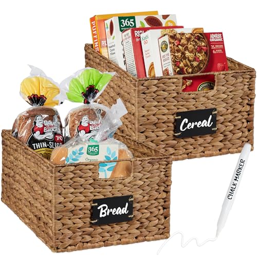 Best Choice Products 식료품 저장실 바구니 40.6 x 30.5cm(16 x 12인치) 워터 히아신스 보관 바구니 2개 세트, 손잡이가 달린 우븐 고리버들 주방 정리함, 칠판 라벨 분필 마커 포함 - 체스트넛 - color: 밤나무., size: 12x16x8in