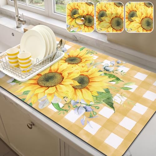 LOKHOM Dish Drying Mat for Kitchen Counter, 17"x32" Absorbent Coffee Bar Mat with Sunflowers, Vintage Floral Dish Drainer Rack Mat for Decoration - size: 17" x 32"
