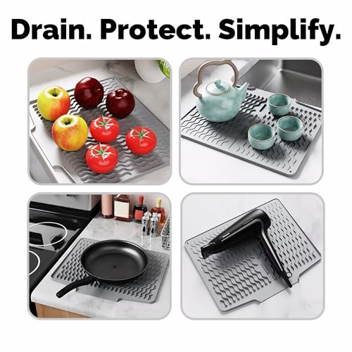 Silicone Dish Drying Mat for kitchen Countertop, Heat Resistant Mats, Dish Drainers for Kitchen counter, Hot Pot Holders, Dish Drying Rack with Built in Drain,(Gray, 15.6"x13") - color: Gray