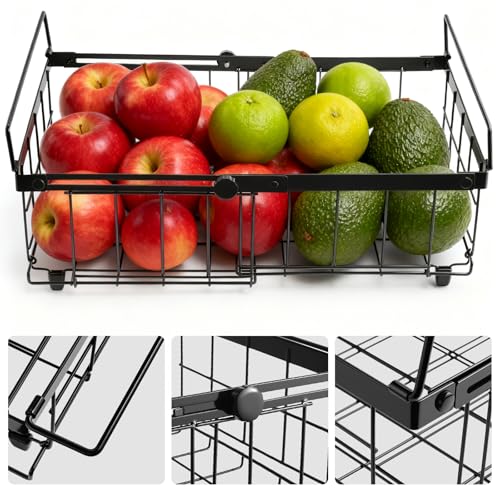 Tanice 2 Pack Freezer Organizer Bins, Expandable Stackable Chest Freezer Organizer with Foldable Handle, Thickened Metal Freezer Baskets for Deep Freezer, Kitchen Pantry - Black