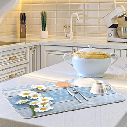 Kcldeci Daisy Wooden Dish Drying Mat,Spring Drying Mat For Kitchen Counter 18 x 24 Dish Mat Dish Rack Drainer Pad - color: Daisy, size: 18x24in