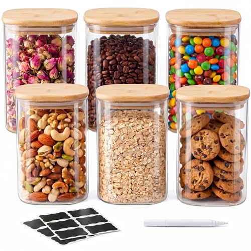 SENTVEND 37 Oz Glass Storage Jars with Bamboo Lids - 6 Pack Clear Glass Canisters Square Airtight Stackable Ideal for Pantry Storage Containers Organizers Great for Storing Oats Coffee Beans Nuts etc - color: 37 OZ-Clear