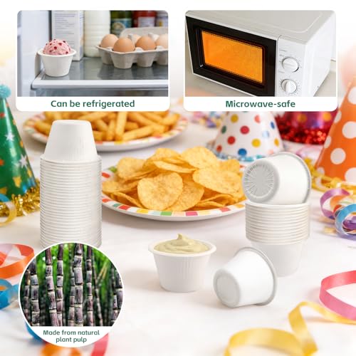 LeonBach 100 Pack Natural Bagasse Fiber Bowls,4oz Small Disposable Paper Bowls Microwavable Safe Sample Snack Cups Charcuterie Serving Cups for Sauce Portion Condiment Ice Cream Desserts, White - color: White, style: 4oz-100 Pack