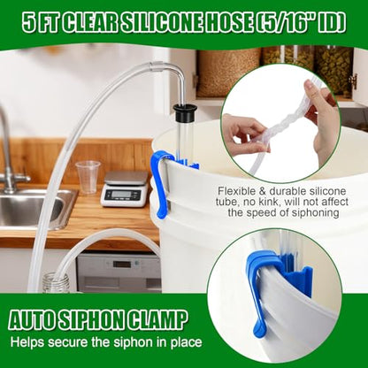 2Pcs 14” Auto Siphon with 5.5FT Food-Grade Silicone, Beer Wine Siphon Racking Cane fit Liquid Transfer, Effortless Bottling Fermentation Mead Homebrew Making Small Batches (Blue Tubing Clamp)
