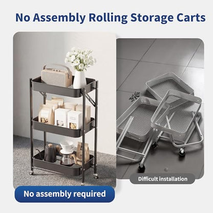 JAQ No Assembly Required Under Desk Rolling Cart, 3-Tier Foldable Metal Utility Cart, 26.8" Low Profile Storage Cart with Wheels, 10" Narrow Small Space Organizer, Black - color: Black