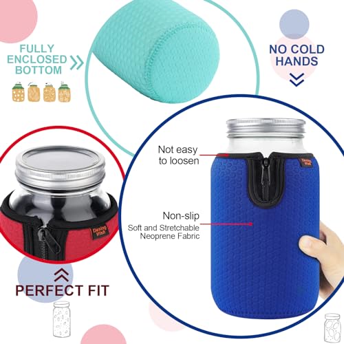 64 oz Wide Mouth Mason Jar Neoprene Sleeve, 64oz Non-slip Cozy Insulated Glass Jars Protector Holder Sleeves 4.3 x 7.5 Inches - 4 Pack (Orange/Green/Cyan/Grey) - color: 64 oz Sleeves (4.3 x 7.5 In) - ORG/Green/Cyan/Grey