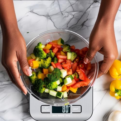 Digital Food Scale with 2 AAA Batteries Trnr-FDSCLE-SLV, Food Scale for Kitchen, Cooking Scale with Zero Tare Option, Kitchen Scale Weighs up to 11 Pounds, Measures in KG, G, LB, OZ, and ML