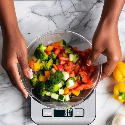 Digital Food Scale with 2 AAA Batteries Trnr-FDSCLE-SLV, Food Scale for Kitchen, Cooking Scale with Zero Tare Option, Kitchen Scale Weighs up to 11 Pounds, Measures in KG, G, LB, OZ, and ML