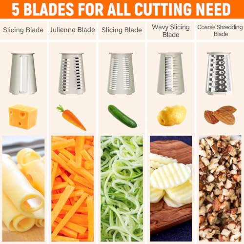 Rotary Cheese Grater Hand Crank with 5 Interchangeable Blades, Vegetable Slicer Chopper for Fruit Vegetable Nuts, Mandoline Slicer for Kitchen with Blades Rack & Suction Base, White - color: White