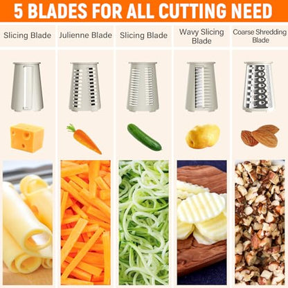 Rotary Cheese Grater Hand Crank with 5 Interchangeable Blades, Vegetable Slicer Chopper for Fruit Vegetable Nuts, Mandoline Slicer for Kitchen with Blades Rack & Suction Base, White - color: White