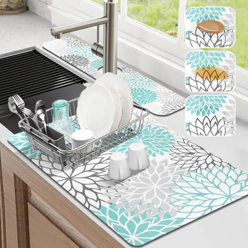 Findosom 2PCS 12" x 20" Dish Drying Mat & 24" x 5.5" Sink Splash Guard, Super Absorbent & Cuttable Dish Mat Drying Kitchen Mat with Teal Floral, Hide Stain Drying Mat for Kitchen Counter - color: Teal, size: 12" X 20" + 24" X 5.5"