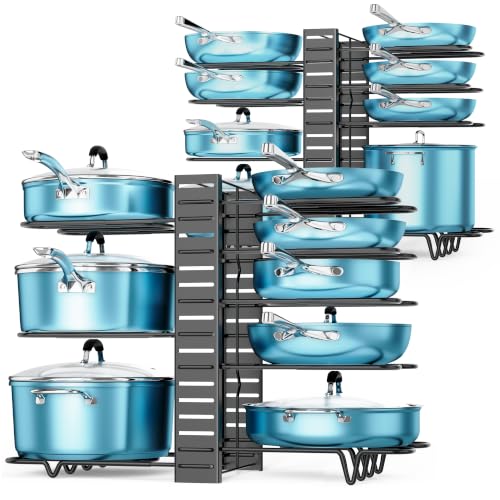 ORDORA Pots and Pans Organizer for Cabinet 16.61 Height 2 Pack, 8 Tier Pot Organizers Rack with 3 DIY Methods, Adjustable Pan Organizer under Cabinet Kitchen Organization and Storage - style: M-16.61"H-LightDuty-2Pack