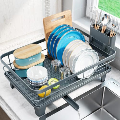 Urackify Dish Drying Rack for Kitchen Counter, Sink Dish Rack with Drainboard, Large Dish Drainer with Cups Holder, Home Countertop Plate Dryer Storage Rack with Cutlery Holder, Blue - color: Blue