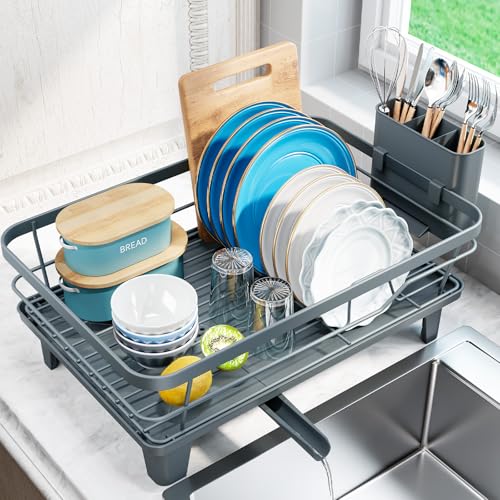 Urackify Dish Drying Rack for Kitchen Counter, Sink Dish Rack with Drainboard, Large Dish Drainer with Cups Holder, Home Countertop Plate Dryer Storage Rack with Cutlery Holder, Blue - color: Blue