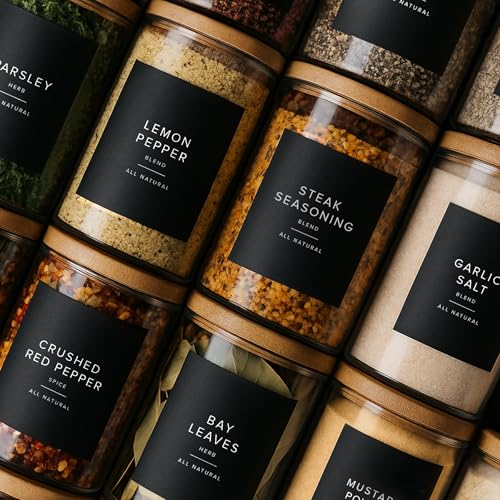 230 Black Spice Labels by ThreeKin | Waterproof & Oil-Resistant Pre-Printed Stickers for Spice Jars | Durable, BPA-Free Seasoning Labels | Easy-Clean, No-Residue Design | Proudly Female & USA Owned - color: Black
