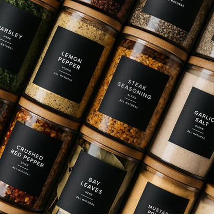 230 Black Spice Labels by ThreeKin | Waterproof & Oil-Resistant Pre-Printed Stickers for Spice Jars | Durable, BPA-Free Seasoning Labels | Easy-Clean, No-Residue Design | Proudly Female & USA Owned - color: Black