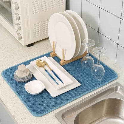 2 Pack Microfiber Dish Drying Mat for Kitchen Counter,Ultra Absorbent Dish Drainer Mat ,Dish Drying Pad ,Dish Rack Mat 20×15 Inch (Blue)