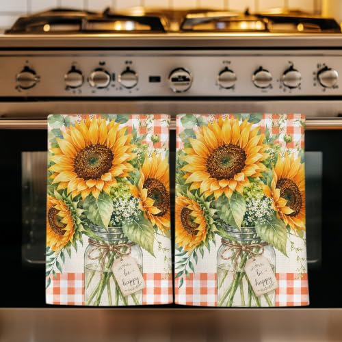 Sunflowers Rustic Kitchen Towels Set of 1, Absorbent Dish Towels for Kitchen, Country Eucalyptus Leaves Orange Plaid Microfiber Hand Towel, Quick Drying Tea Towel for Cleaning Decorative Dishcloths - color: Coral Orange, Golden Yellow, Soft Cream, Sand, s