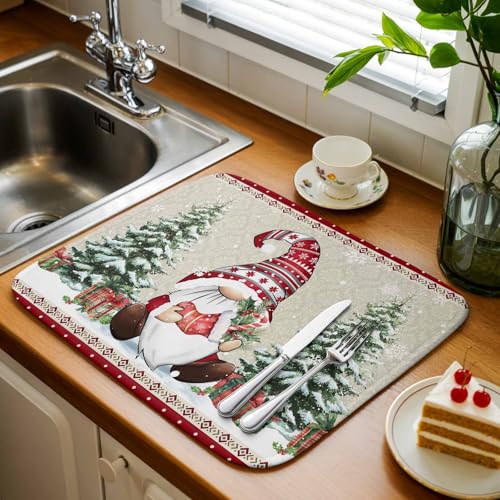 Christmas Dish Drying Mat for Kitchen Counter, Microfiber Rack Pads, Southwestern Xmas Gnomes Tree Winter Snowflake Absorbent Dish Bottle Drying Mat, 16''x18'', 2 Pack - size: 2PCS-16x18in