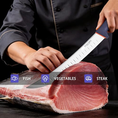 12 Inch Brisket Slicing Knife,Carving Knifewith Granton Edge, X50CrMoV15 Stainless Steel Butcher Knife with Ergonomic Non-Slip Handle for Meat Cutting, BBQ & Turkey - color: ‌Navy Blue, size: 12"