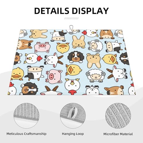 Cute Farm Animals Blue Dish Drying Mat for Kitchen Counter, Farmhouse Rustic Cow Sheep Duck Microfiber Drying Pad, Absorbent Coffee Cup Dishes Drainer Mats 18"x24" - color: Farm Animal