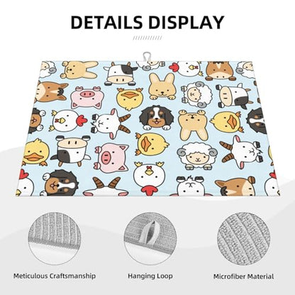 Cute Farm Animals Blue Dish Drying Mat for Kitchen Counter, Farmhouse Rustic Cow Sheep Duck Microfiber Drying Pad, Absorbent Coffee Cup Dishes Drainer Mats 18"x24" - color: Farm Animal