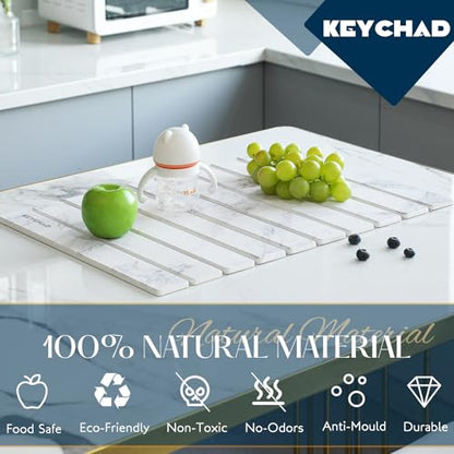 KEYCHAD Large Stone Drying Mat for Kitchen Counter - 24x16 Quick Drying Collapsible Dish Drying Mat - Super Absorbent Diatomaceous Earth Mat - Stone Dish Drying Mat for Cups Dishes