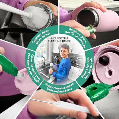 Cup Drying Rack for Counter, Water Bottle Drying Rack for Kitchen Counter, 2-Tier Tumbler, Mug and Glass Drying Rack with Drain Tray and 5-in-1 Cleaning Brush