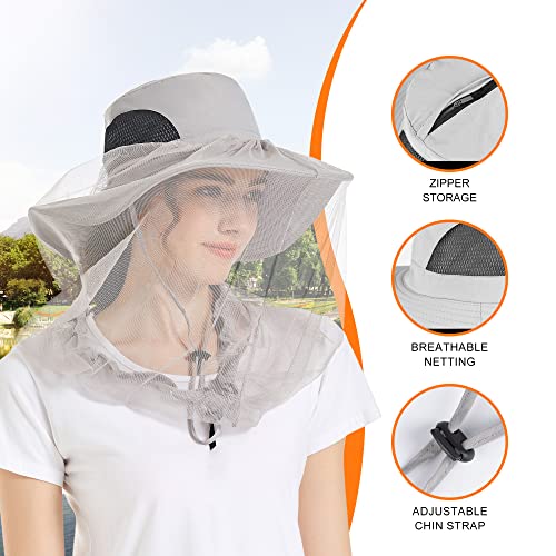 Mosquito Head Net Hat - Bug Cap UPF 50+ Sun Protection with Hidden Netting for Beekeeping Hiking Women - color: Light Grey(removable Bug)