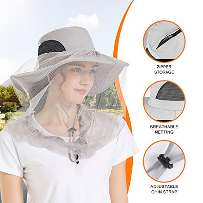 Mosquito Head Net Hat - Bug Cap UPF 50+ Sun Protection with Hidden Netting for Beekeeping Hiking Women - color: Light Grey(removable Bug)