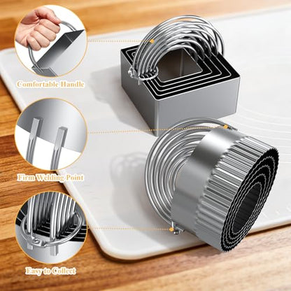 Biscuit Cutter Set of 10 pcs, Square and Fluted Cookie Cutter Set with Handle, Stainless Steel Round Biscuit Cutters, Professional Baking Dough Tools - size: 2 set