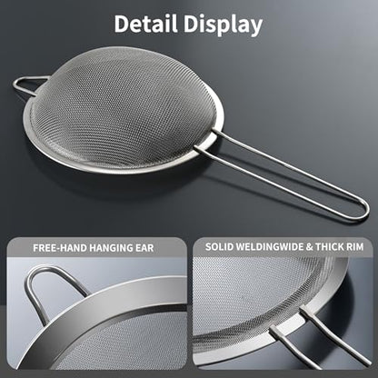 Luckyiren Fine Mesh Sieve Strainer Set, Stainless Steel, 6.3 and 3.94 Inch, with Grip Handles for Kitchen, Food Sifting, Noodles, Rice - size: 6.3 in +3.94 in