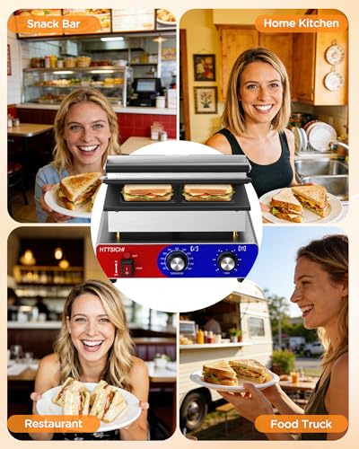 Commercial Sandwich Press, 110V Electric Sandwich Maker w/Adjustable Temp 0–550°F & Timer, Stainless Steel Panini Press Sandwich Maker w/Non-Stick Plates, Makes 2 Grilled Cheese Sandwiches - style: 4 slice