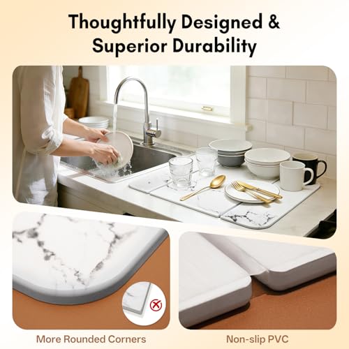 Stone Drying Mat for Kitchen Counter, Foldable Quick-Dry Dish Drying Mat, Water-Absorbent Marble Diatomaceous Earth Mats for Dishes, Cups & Bottles on Any Countertop(20"x16")