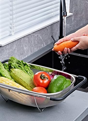 Fine Mesh Colander Over The Sink 6 Quart Stainless Steel Strainer Basket | Expandable Rubber Grip Handles - Strain, Drain, Rinse Fruits, Vegetables